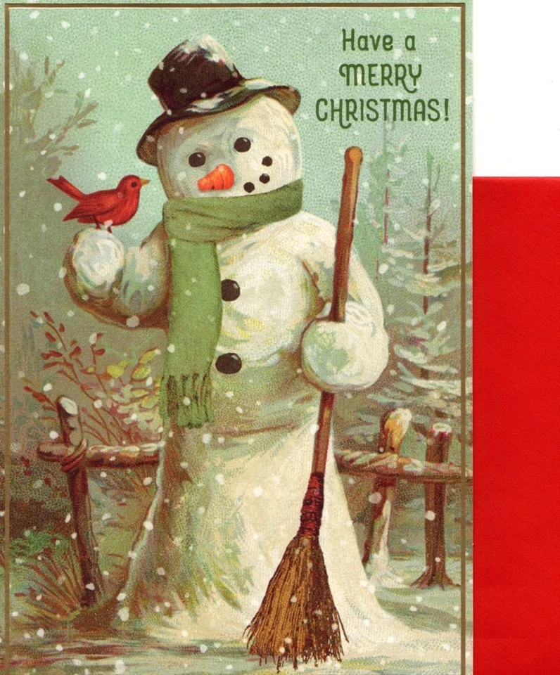 Merry Christmas Snowman Top Hat Scarf Broom Cardinal Hallmark Greeting Card