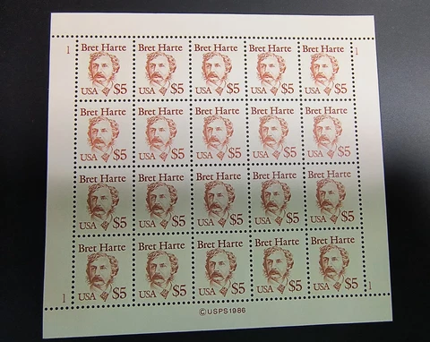 US Scott #2196 Bret Harte MINT-NH SHEET of 20 $5 1987 Cover