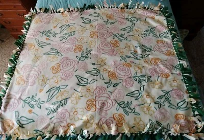 NEW Handmade Fleece Throw Tie Blanket 2 Sided 48” X 56” Floral/pk/ylw/orange/grn - Image 1 of 2
