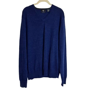 Calvin Klein Mens Sweater Large Dark Blue Extra Fine Merino Wool Pullover V-Neck - Picture 1 of 5