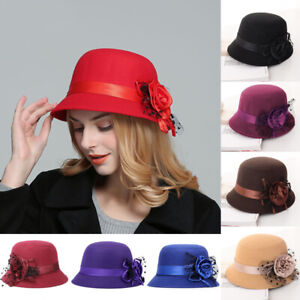 Womens Vintage  Hat Imitation Wool Flower Felt Ladies Winter Cloche Bucket Caps