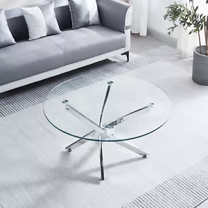 35.40" Round Glass Top Coffee Table Sofa Side Table Silver Stainless Steel Legs - Picture 1 of 6