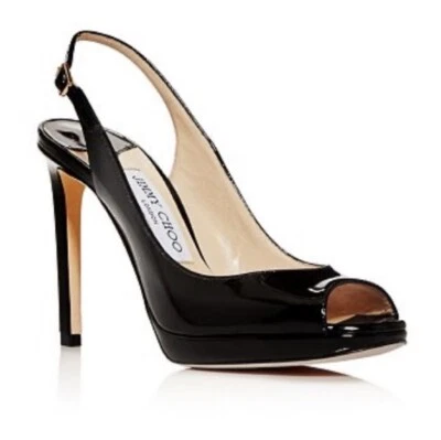 Zapatos de salón Jimmy Choo charol tacón PLUE punta abierta honda espalda cuero Italia Nova 7 Foto 1 de 4