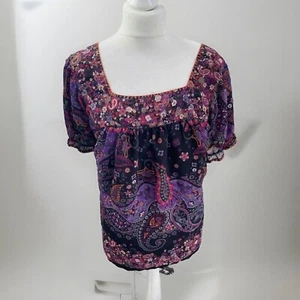 Damen Gr. XL Bluse Chiffon Boho lila schwarz rosa Paisley fließend gefüttert - Bild 1 von 3