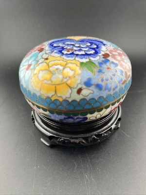 Antigua caja de baratijas Cloisonne esmaltada azul china dorada/cobre latón Foto 1 de 4