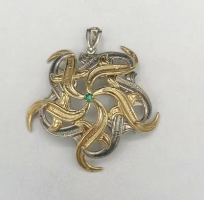 ciondolo grande smeraldo argento bianco e placcato oro in stile antico da donna - Immagine 1 di 4