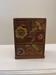 Japanese 4 Drawers Pyrograph Hand crafted wood Jewelry box 5 “ Vtg