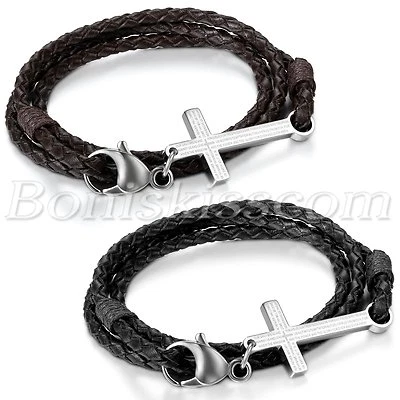 Men Women Retro Multilayer Leather Bible Lords Prayer Cross Bracelet Bangle Cuff - Image 1 of 2