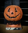 Paper Mache Jack O Lantern smiling Black & Orange Halloween Decor Figure CUTE!