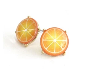 FRESH FRUIT ORANGE SLICE ACRYLIC GOLD TONE PIERCED EARRINGS - Picture 1 of 1