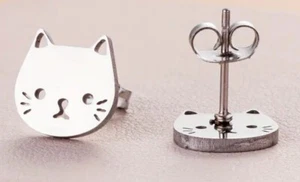 Silvery Color Cat Face Stainless Steel Pierced Earrings Studs pierce earring - Picture 1 of 2