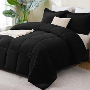 Queen Comforter Set Black - 3 Pieces Box Stitched Comforters Queen Size, Soft... - Picture 1 of 9