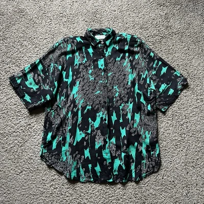 Винтажная рубашка 90-х Y2k Venezia с коротким рукавом зеленая черная с узором ретро геометрическая - Изображение 1 из 4