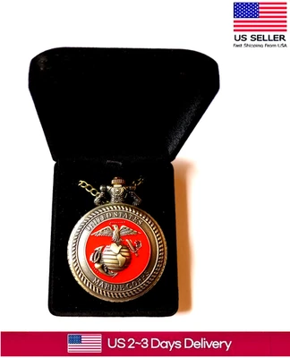 US Marine Corps Vintage Quartz Pocket Watch w/ 30" Necklace Chain in Pendant Box - Image 1 of 4