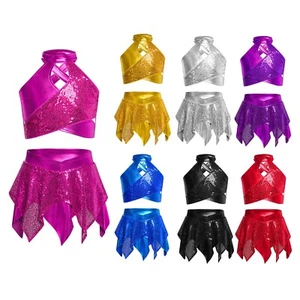 Kids Girls Dress Sparkly Outfit 2 Piece Vest Ans Skirts Gymnastic Competition - Picture 1 of 66