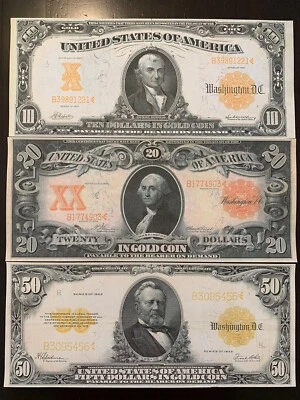 Reproduction Copy $10 $20 $50 Bills Gold Certificates 1906-1922 Read Description - Image 1 of 4