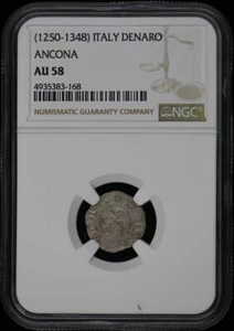 (1250-1348) ITALY ANCONA DENARO NGC AU58 - Picture 1 of 2
