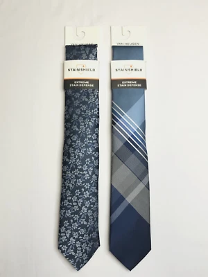 NEW Lot of 2 Van Heusen Stain Defense Ties Navy Floral Blue Stripe One Size $90 - Image 1 of 2