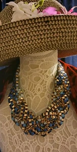 OPEN LINK NECKLACE /COLLAR WITH THREE SHADES OF BLUE RIBBON 01d* - Picture 1 of 10