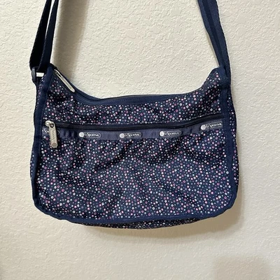 LE SPORTSAC Blue Floral Hobo Crossbody Bag Everyday Purse Medium Sz - Image 1 of 4