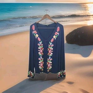 Boston Proper Women Cardigan Flowy Beach Vneck Blue Embroidery Blue Floral M - Picture 1 of 12