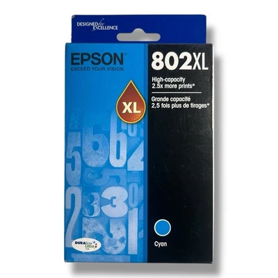 Epson 802XL Cyan High Yield Ink Cartridge T802XL220 Genuine Sealed Retail Box - Image 1 of 4
