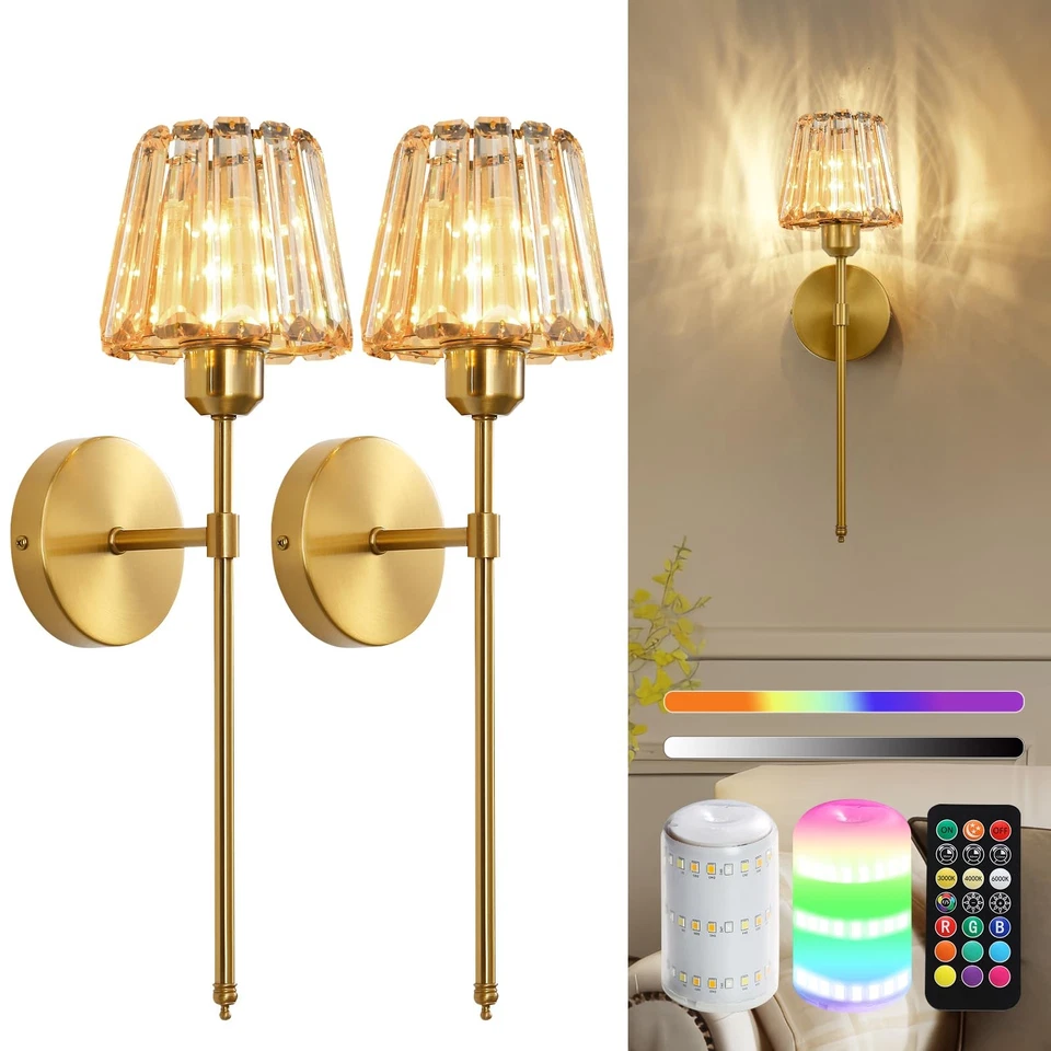 Juego de 2 apliques de pared de cristal a batería, ámbar recargables inalámbricos Wa... Foto 1 de 4