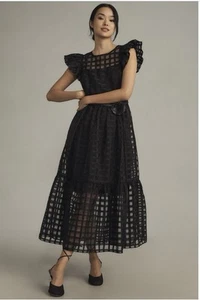 English Factory Fluttered-Sleeve Sheer Gridded Midi Dress Sz Sm Black NWT - Picture 1 of 8