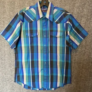 Vintage Wrangler Shirt Men Blue 16 X Long Tails Single Needle Pearl Snap Western - Picture 1 of 8