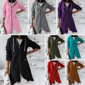 Damen Fleece Sweatjacke mit Kapuzen Winter Mantel Freizeitmantel Lang Sportjacke - Bild 1 von 16