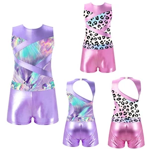 Girls Leopard Athletic Dance Outfit Sleeveless Gymnastics Leotard with Shorts - Picture 1 of 29