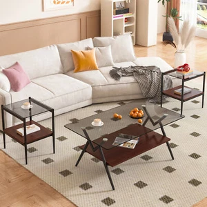 Coffee Table and End tables Set of 3, Tempered Glass Table with MDF layer, Moder - Picture 1 of 11