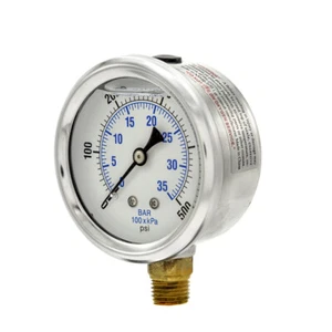 Liquid Filled Lower Mount Pressure Gauge with 2.5" Dial, 0-500PSI, 1/4"Male NPT - Picture 1 of 8