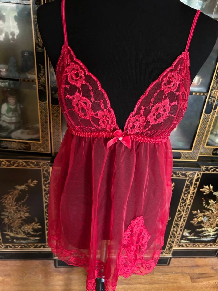 Vtg Frederick's Of Hollywood Red Mesh Babydoll Slip dress W/ Slit Lingerie Sz M - Imagem 1 de 4