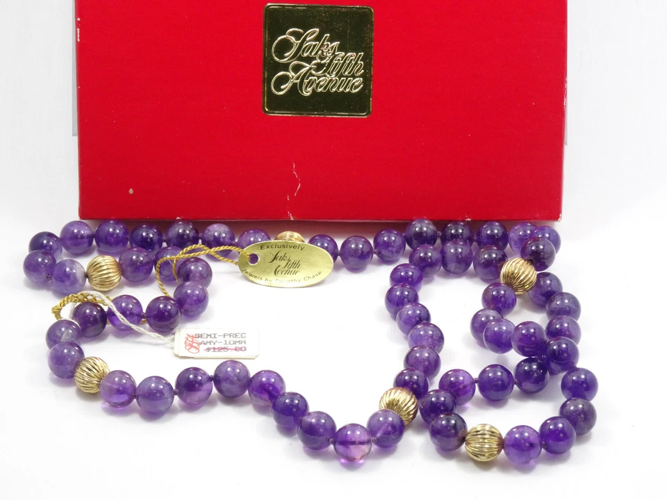 COLLAR DOROTHY CHASE FOR SAKS QUINTA AVENIDA 10mm AMATISTA CUENTAS * NUEVO CON ETIQUETA Foto 1 de 4
