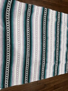 Mexican Handwoven FALSA Blanket 66” X 50” Mauve Teal Black White - Picture 1 of 8