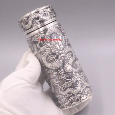 Botella de agua de plata fina sólida 999 aislamiento térmico patrón DRAGÓN botella china Foto 1 de 4