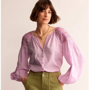BODEN $160 Cotton Embroidered Smocked Blouse Sweet Lilac Blouson Sleeves Size 6 - Picture 1 of 10