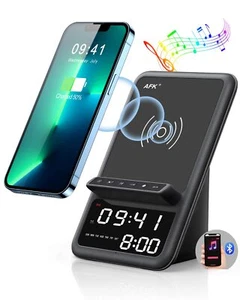 Wireless Charging Station with Bluetooth Speaker and Alarm Clock,4 in 1 (Black) - Picture 1 of 6