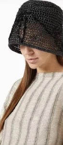 Brunello Cucinelli Hat Black Handmade Embroidery in Raffia-effect Knit Sz L NWT - Picture 1 of 4