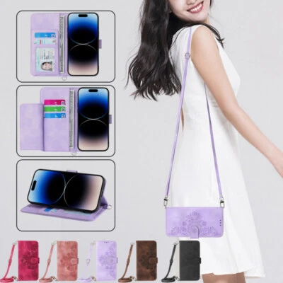 For iPhone 14 13 Pro Max 12 11 XS XR X 8 7 Leather Card Flip Lanyard Case Cover - Image 1 of 4