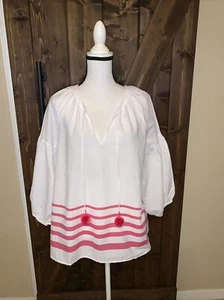 Women’s Top Large Tommy Bahama Pom Stripe 3/4 Sleeve 100% Cotton Bright Blush - Picture 1 of 6