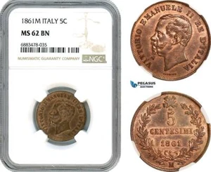 AJ597, Italy, Vitt. Emanuele II, 5 Centesimi 1861 M, Milan Mint, NGC MS62BN - Picture 1 of 1