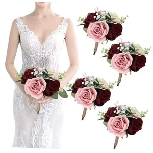 Set of 4 Artificial Bridesmaid Bouquets Blush & Burgundy -7 Inch Silk Rose - Picture 1 of 7