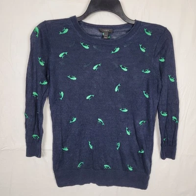 Suéter J.crew Mujer Pequeño Azul Marino 100% Lino Ligero Bordado Ballena Foto 1 de 4