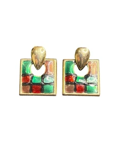 Vtg Enamel Geometric Square Earrings Colorblock Retro Art Deco Style 1.25” - Picture 1 of 3