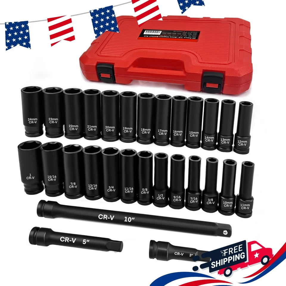 29 Piece 1/2" Drive Impact Socket Set Deep Socket with Extension Bar Cr-V Steel - Image 1 of 4