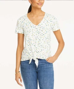 Ann Taylor Factory Winter White Constellation Dots Tie-Front V-Neck Tee Size M - Picture 1 of 5