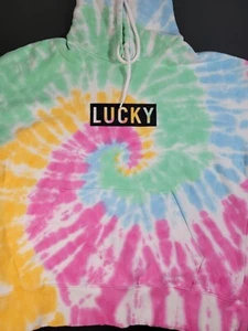 Vintage Lucky Brand Mens Hoodie Size M Tie-Dyed Logo Sweatshirt Fleece Cotton - Picture 1 of 8