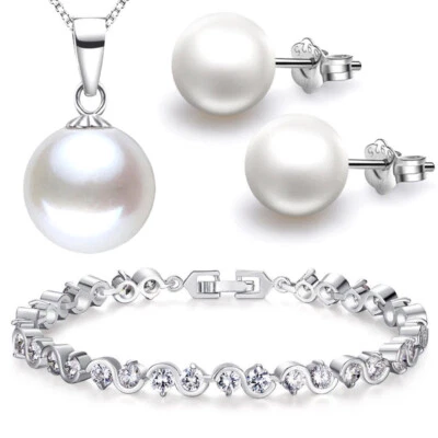 PERLEN SCHMUCKSET 925 STERLING SILBER KETTE PERLE ANHÄNGER ARMBAND OHRSTECKER - Bild 1 von 4